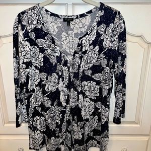 Talbots Blue and White Floral Three-quarter Sleeve Tee